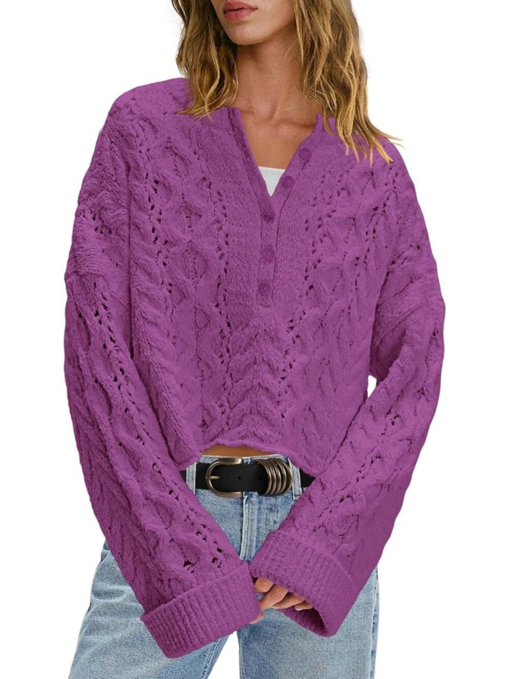 Cozy Oversized Cable Knit Sweater with Bell Sleeves - Perfect Fall Fashion!